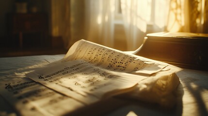 Sunlit sheet music rests on a table near an antique music box.