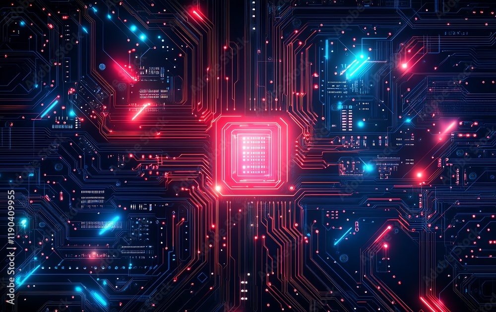 Aufkleber Advanced computing processor, CPU, and microchip on an electronic circuit board, hightech data flow, generative AI concept, futuristic technology background