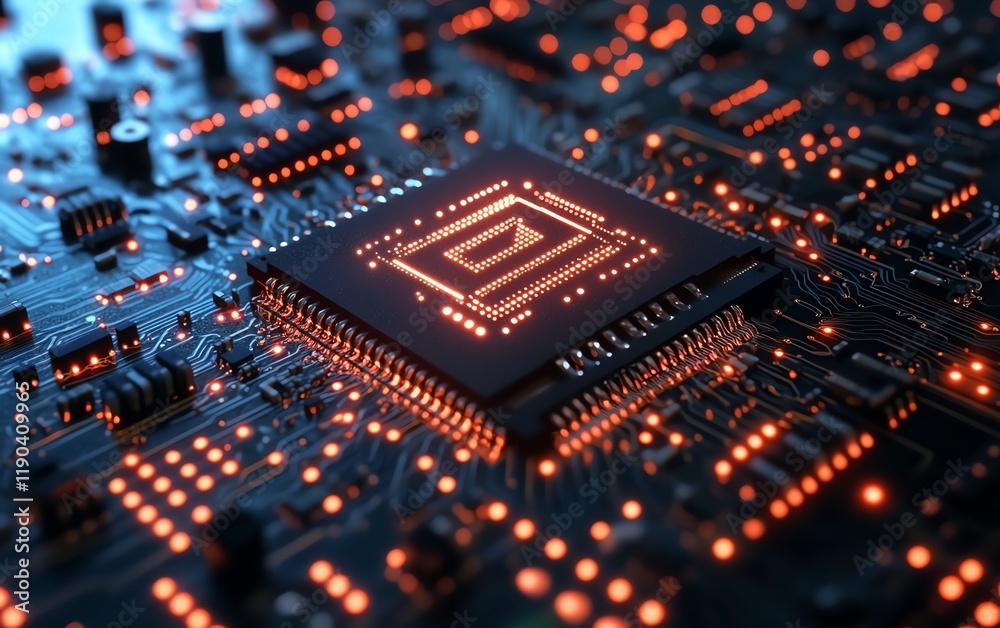 Leinwandbilder Advanced computing processor, CPU, and microchip on an electronic circuit board, hightech data flow, generative AI concept, futuristic technology background