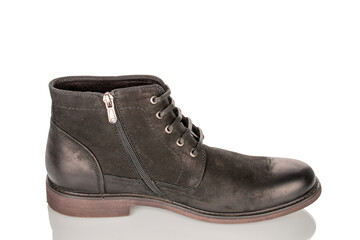 Men's winter boots, close-up, isolated on a white background and top view.