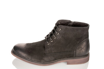 Men's winter boots, close-up, isolated on a white background and top view.