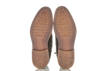 Men's winter boots, close-up, isolated on a white background and top view.