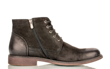 Men's winter boots, close-up, isolated on a white background and top view.