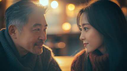 Asian father and daughter sharing intimate moment. Great for family bonds, generational connection, or authentic relationship themes.