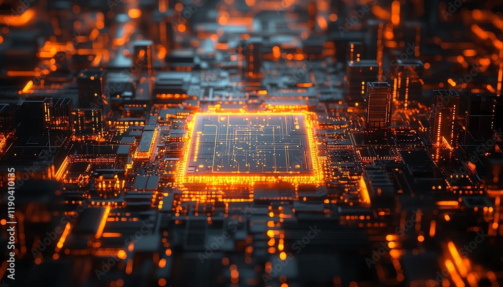 Leinwandbilder Closeup of a computing processor, detailed microchip and electronic circuit board, advanced technology concept, generative AI, hightech electronics background