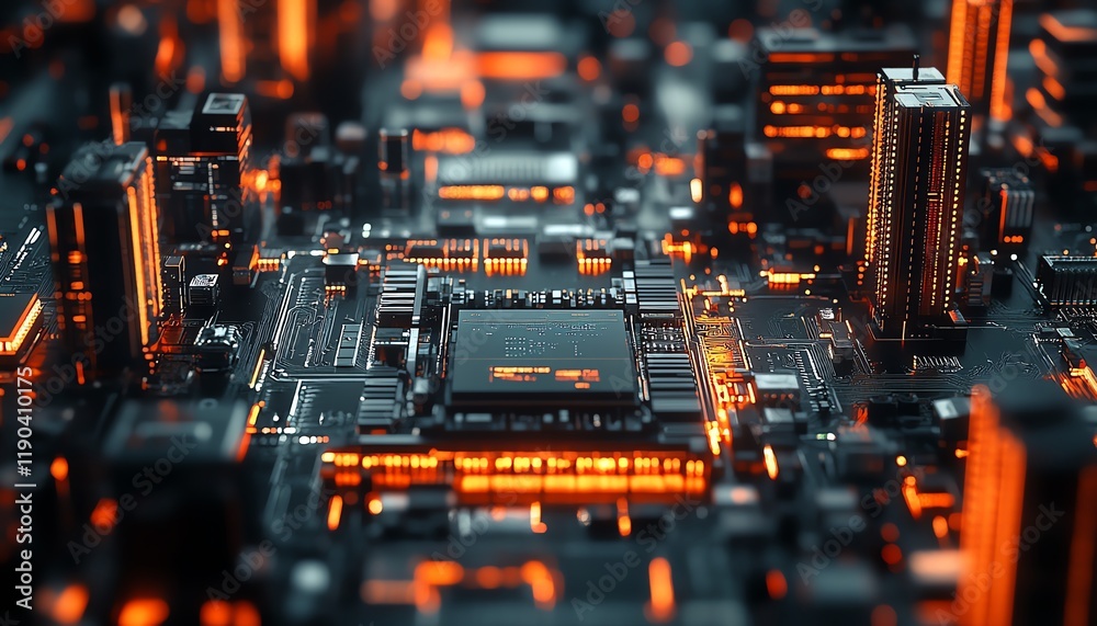 Fototapete Closeup of a computing processor, detailed microchip and electronic circuit board, advanced technology concept, generative AI, hightech electronics background