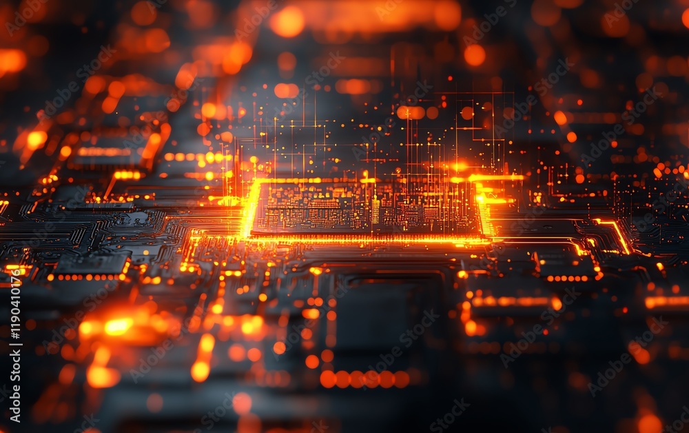 Poster Closeup of a processor and microchip embedded in an electronic circuit board, advanced technology, generative AI concept, digital electronic background