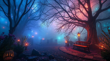 Foggy night park with glowing lanterns and colorful lights illuminating trees and bench