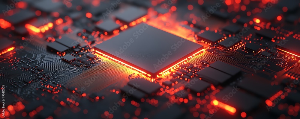Fototapete Detailed microchip and CPU on an intricate circuit board, showcasing advanced computing technology, generative AI, electronic circuit connections and tech design