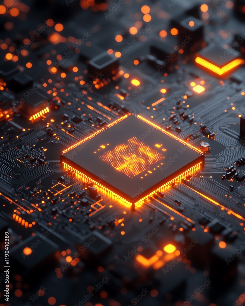 Leinwandbilder Detailed view of a microchip, computing processor, and electronic circuit board, representing generative AI and advanced technology, hightech digital backdrop
