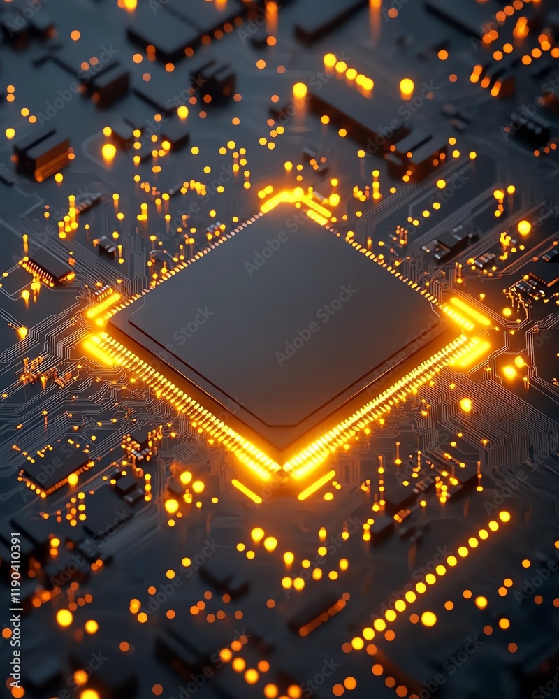 Fototapete Detailed view of a microchip, computing processor, and electronic circuit board, representing generative AI and advanced technology, hightech digital backdrop