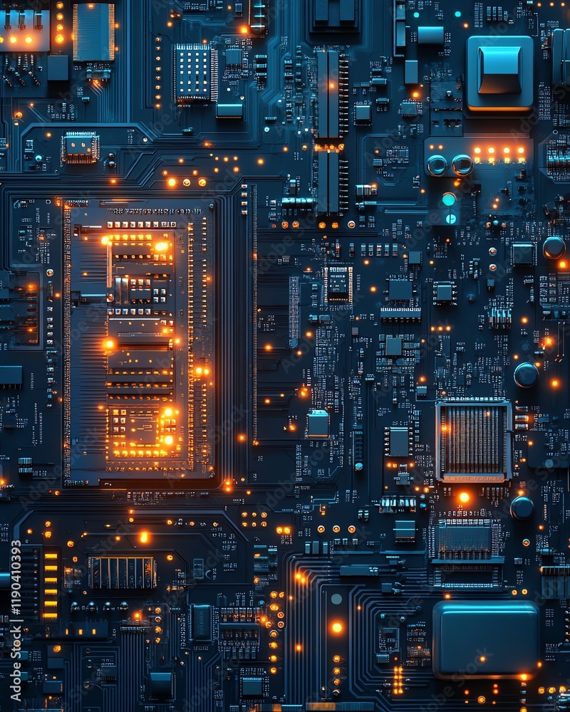 Leinwandbilder Detailed view of a microchip, computing processor, and electronic circuit board, representing generative AI and advanced technology, hightech digital backdrop