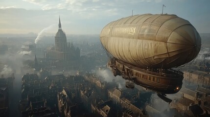 Obraz premium Airship Soaring Over Foggy Cityscape Victorian Era