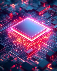 Obraz premium Detailed view of a microchip, computing processor, and electronic circuit board, representing generative AI and advanced technology, hightech digital backdrop