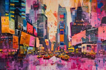 Fototapeta premium A vibrant painting depicting the bustling energy of Times Square with yellow taxis navigating through the city streets, The bustling energy of Times Square blended with the city skyline