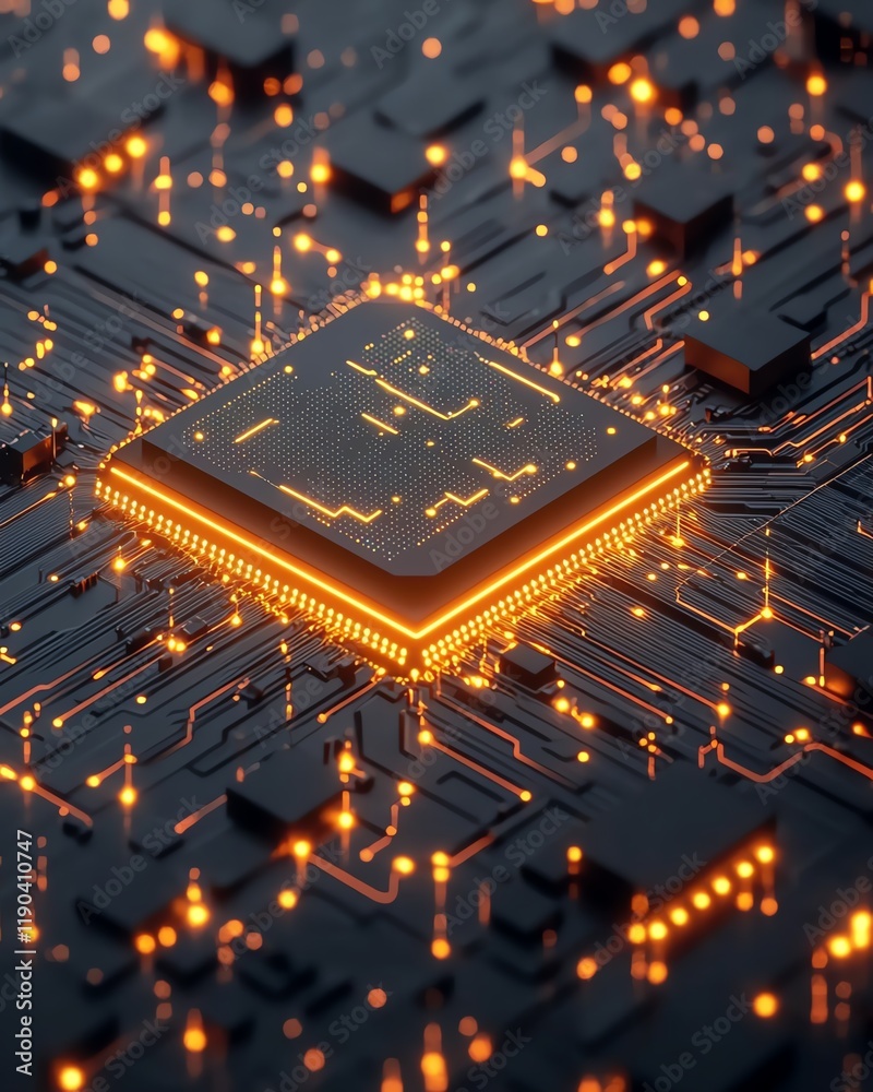 Poster Futuristic CPU and microchip embedded in an electronic circuit board, glowing connections, advanced technology conceptual background, generative AI innovation