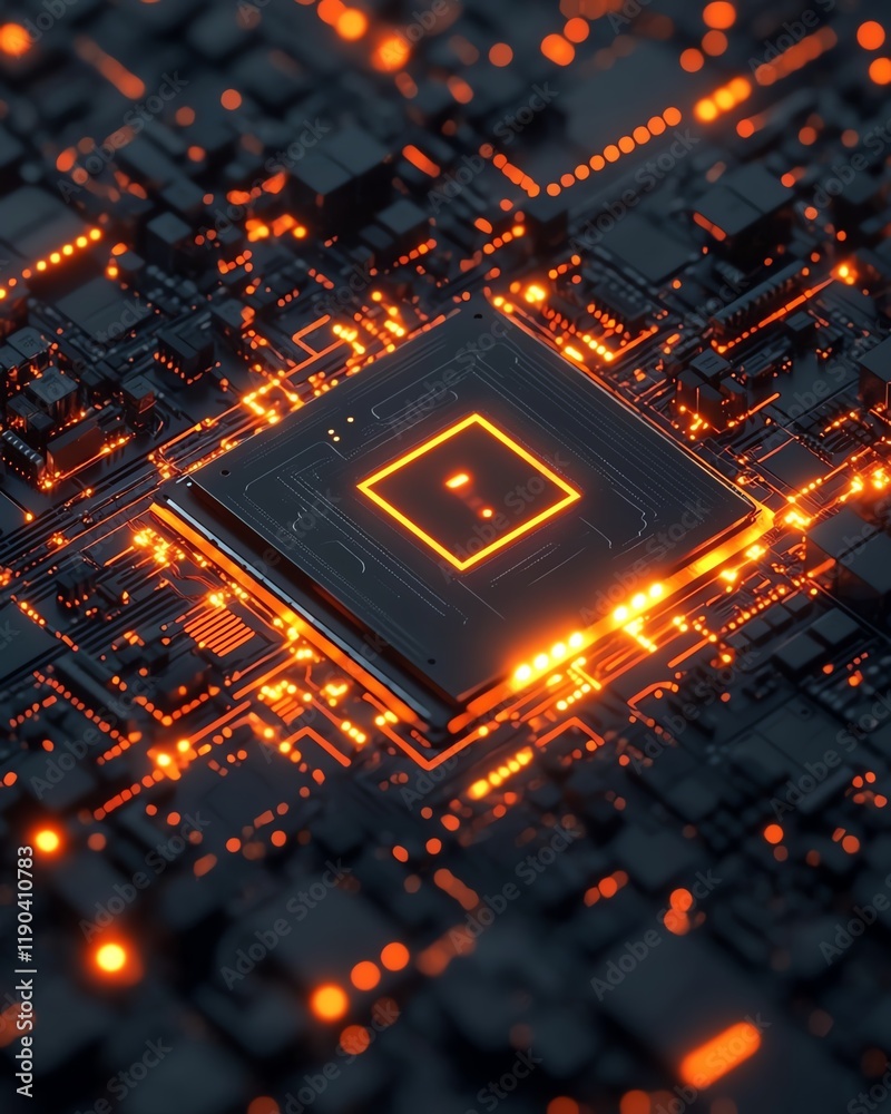 Aufkleber Futuristic CPU and microchip embedded in an electronic circuit board, glowing connections, advanced technology conceptual background, generative AI innovation