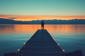 Fototapeta premium Peaceful Sunset: Silhouette of a Person Fishing on a Lighted Dock, Serene Lake, Mountain Views, Tranquil Evening
