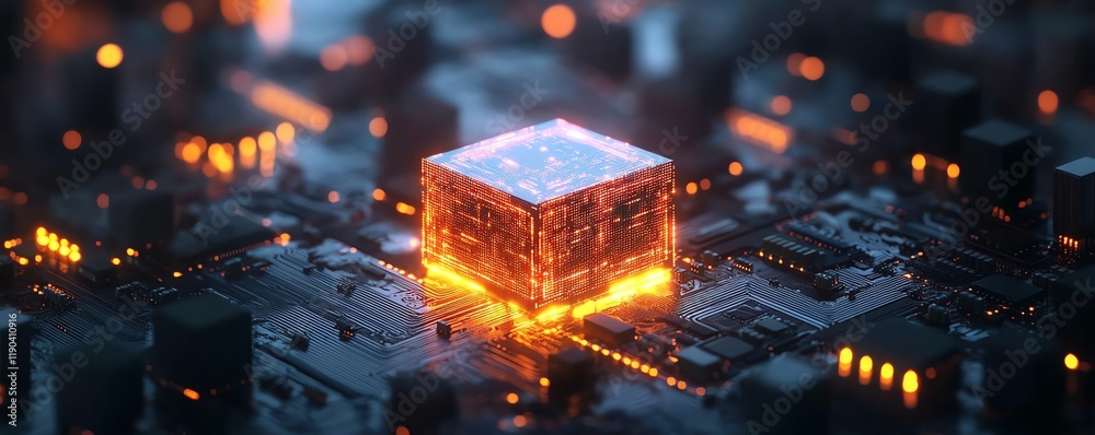 Leinwandbilder Futuristic microchip and CPU glowing on an electronic circuit board, representing advanced computing and generative AI, modern technology visualization