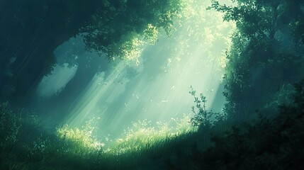 Fototapeta premium Sunbeams Illuminate A Mystical Green Forest Clearing