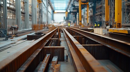 Industrial Steel Beams Under Construction Inside Factory