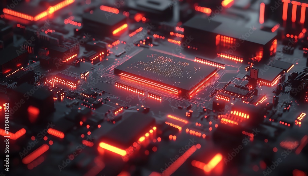 Fototapete highresolution view of a microchip, cpu, and electronic circuit board, data connections glowing, rep