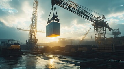 Obraz premium Crane lifts concrete block at sunset construction site