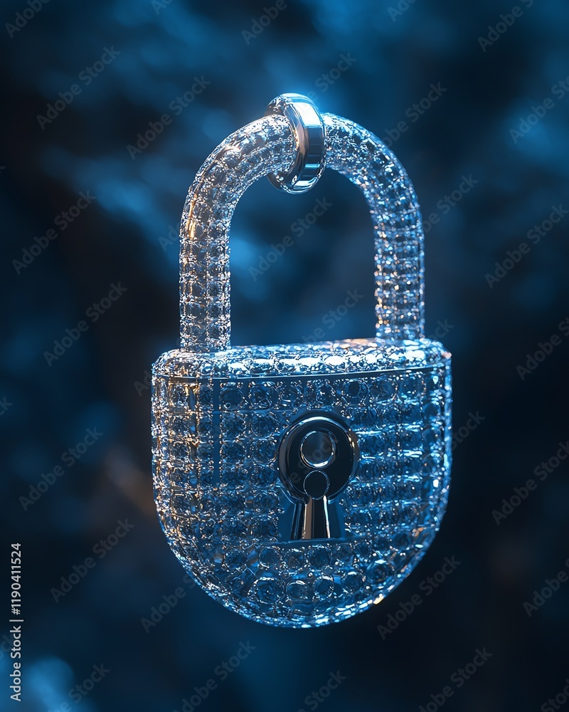 Poster hightech digital padlock floating over a dark blue background, cyber security and fraud prevention t