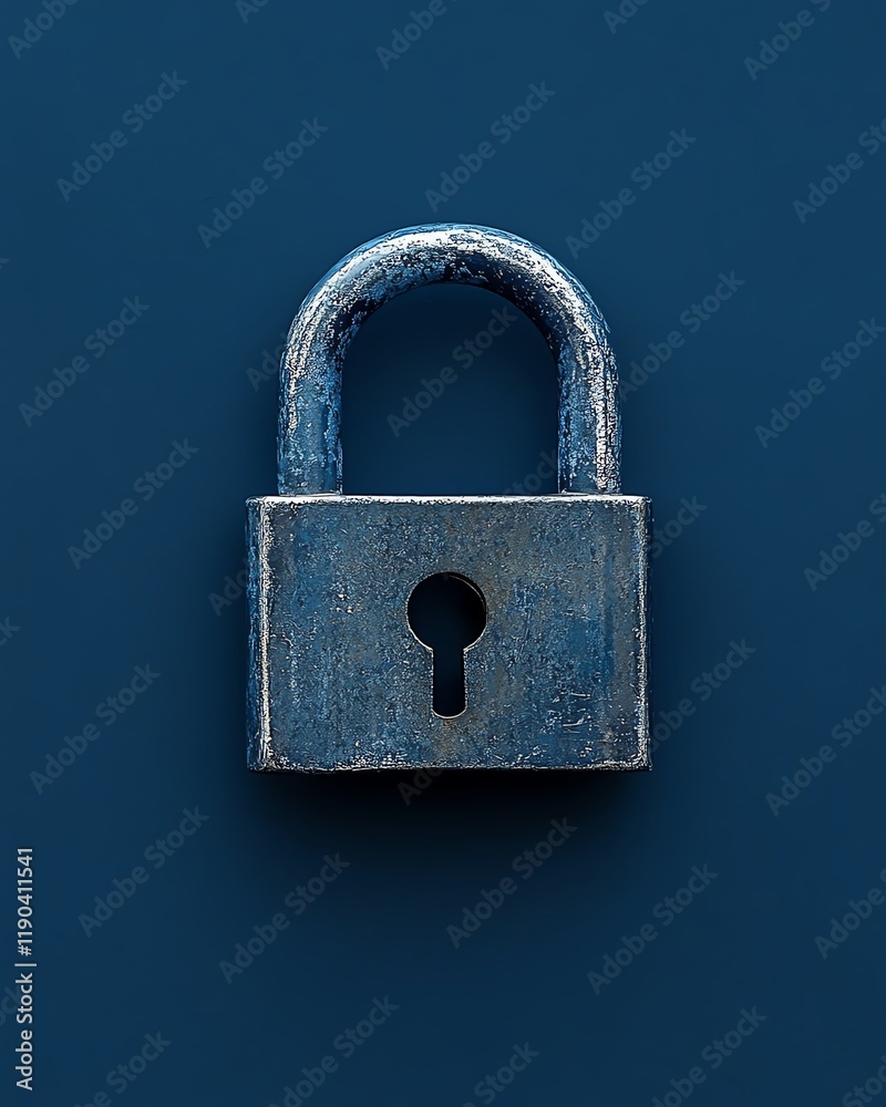 Poster hightech digital padlock floating over a dark blue background, cyber security and fraud prevention t