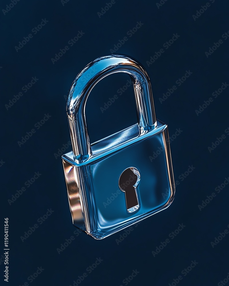 Poster hightech digital padlock floating over a dark blue background, cyber security and fraud prevention t