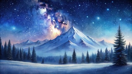 Naklejka premium Serene Winter Landscape Under a Starry Night Sky with Majestic Mountains and Evergreen Forest