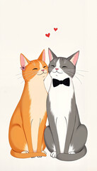 Obraz premium Sweet orange and gray cats cuddling together with a loving expression and hearts above them