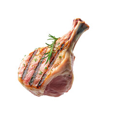 Grilled turkey drumsticks thigh seasoned with spices and herbs, isolated on white transparent background.
