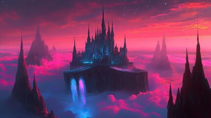 Naklejka premium A majestic castle sits atop a cloud shrouded peak at sunset