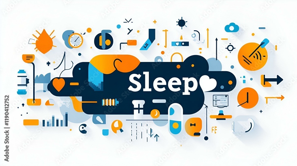 Poster Bold abstract design featuring sleep-related icons, vibrant colors and dynamic shapes create an engaging visual representation of rest themes.