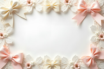 A romantic frame combining lace edges with small, intricate bows in pastel shades for a vintage look