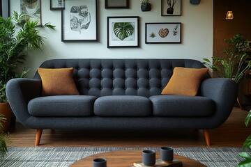 Dark gray fabric mid-century sofa with wooden legs and buttons, with a white wall background, black framed pictures, and a coffee table with mugs, plants, and pictures on the floor.