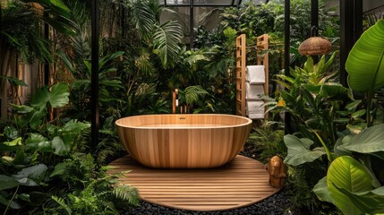 Open-air spa with a wooden bathtub nestled among vibrant tropical plants.