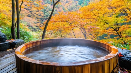 Fototapeta premium Open-air wooden bathtub surrounded by colorful autumn trees in a serene setting.
