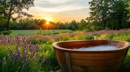 Fototapeta premium Open-air wooden bathtub surrounded by lavender fields under a golden sunset.