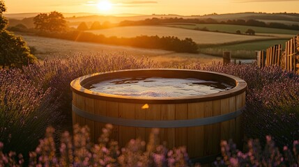 Fototapeta premium Open-air wooden bathtub surrounded by lavender fields under a golden sunset.
