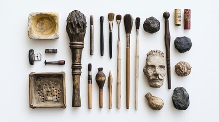 Flatlay of sculpting tools, clay, and a sculpted face.