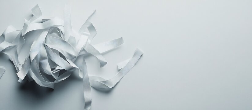 Tangled white fabric strips on white background.