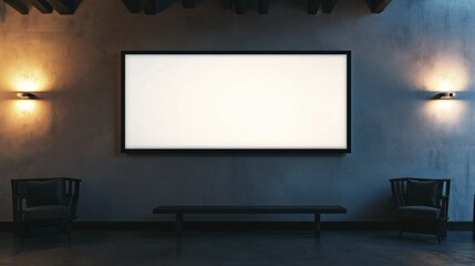 Blank billboard in modern gallery interior with chairs and bench.