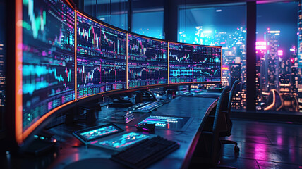 Professional Trading Desk Setup with Multiple Monitors Displaying Financial Charts in Cyberpunk Style