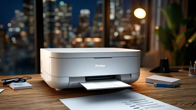 Modern printer on a wooden desk in a stylish office setting at night.