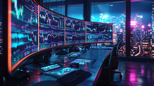 Professional Trading Desk Setup with Multiple Monitors Displaying Financial Charts in Cyberpunk Style - Powered by Adobe