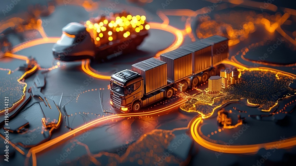 Poster dynamic 3d visualization of an efficient supply chain process, showcasing interconnected logistics a
