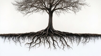 A large tree with exposed roots against a white background.