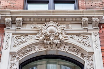 Obraz premium Ornate moldings and detailing frame an arched window on a brick building in New York City, Intricate moldings and ornate detailing on the exterior facade
